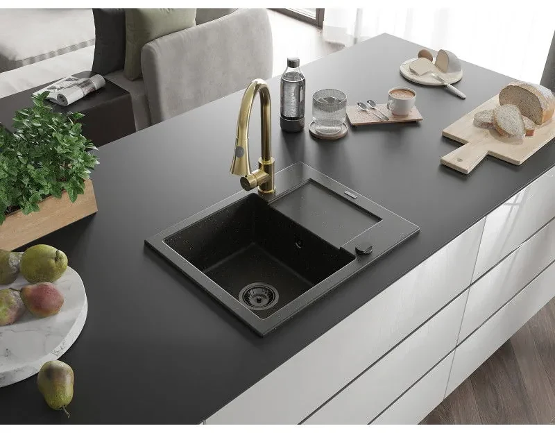 Mexen Enzo, 1-komorový granitový drez 576x465x174 mm a drezová batéria Elia, čierna-zlatá metalíza, 6506-75-670101-50-B