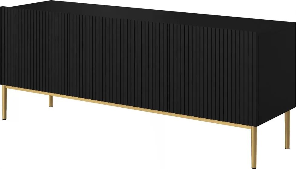 TV stolík Nicole 150 cm na kovových nohách so zásuvkou - čierny mat / zlaté nohy