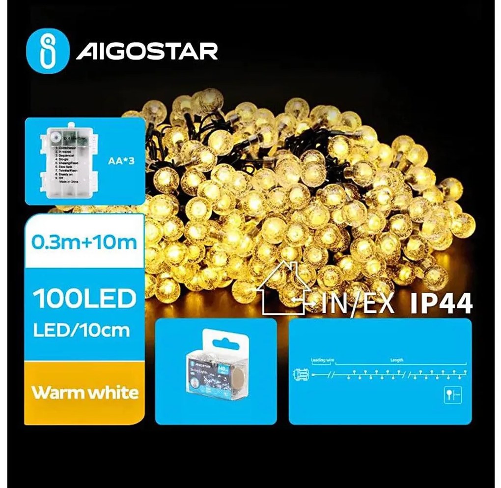 Aigostar B.V. Aigostar - LED Vonkajšia reťaz 100xLED/3xAA/8 funkcií 10,3 m IP44 teplá biela B10303K4Q
