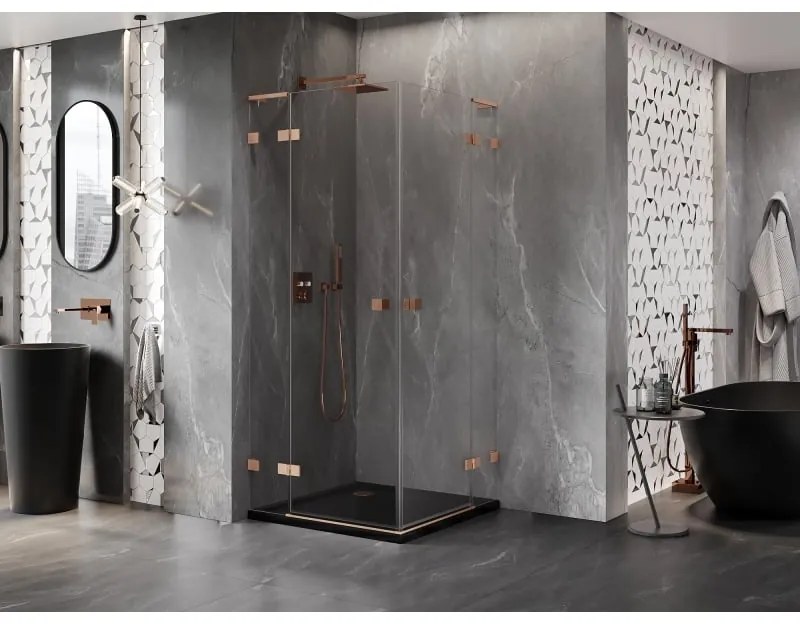 Mexen Lunar, L Duo výklopný sprchový kút 100 x 100 cm, 8mm číre sklo, profil medená matná, 834L-100L-100P-65-00