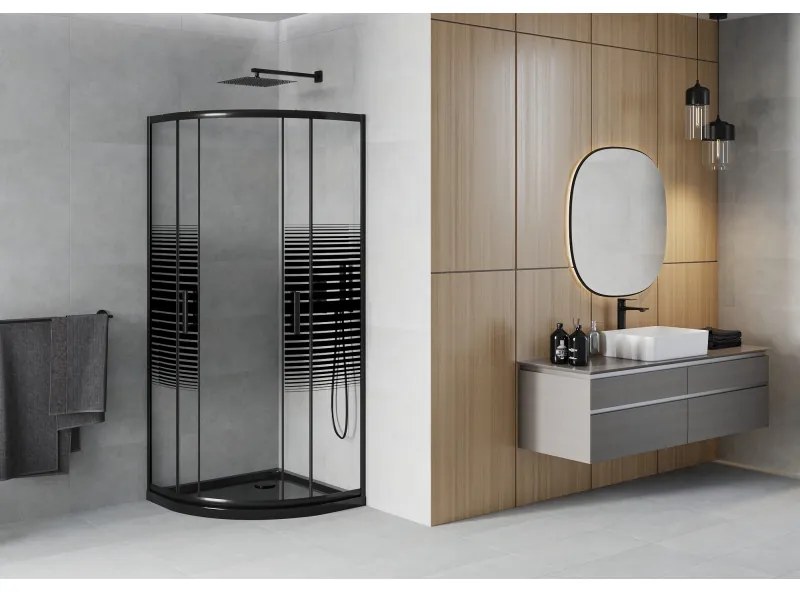 Mexen Rio, štvrťkruhový sprchovací kút s posuvnými dverami 90(dvere) x 90(dvere) x 190 cm, 6mm číre sklo s pásikmi, čierny profil + čierna sprchová vanička Slim, 863-090-090-70-20-4170B