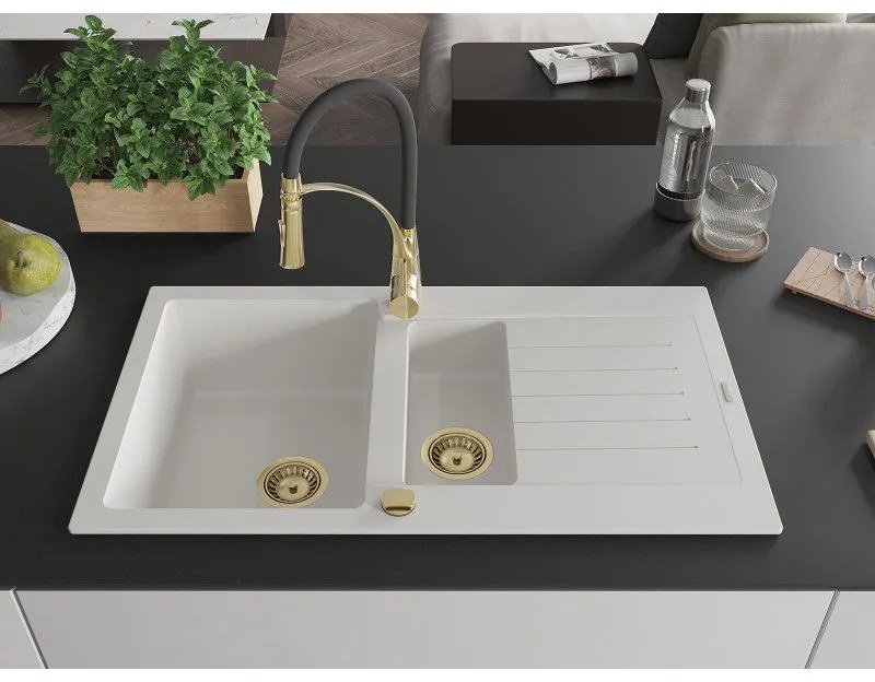 Mexen Matias, granitový drez 900x505x200 mm, 1,5-komorový a drezová batéria Aster, biela, 6502-20-73450-57-G