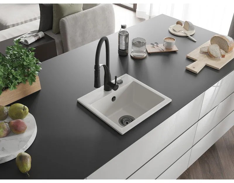 Mexen Milo, 1-komorový granitový drez 435x410x171 mm a drezová batéria Aster, biela, 6505-20-73450-70-B