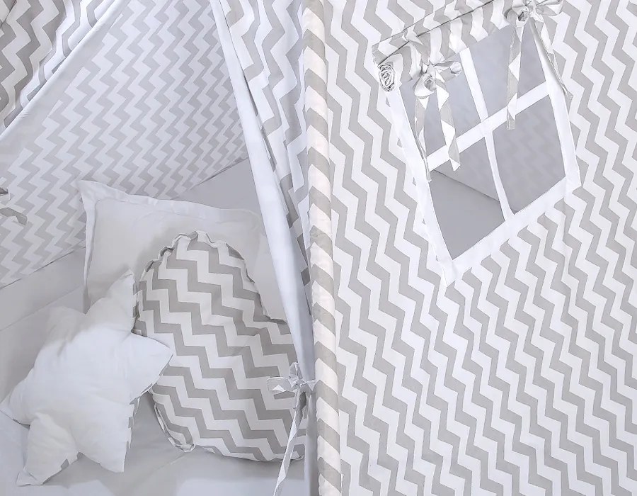 Bobono Stan Teepee pre deti + ozdobné perie - Chevron šedá