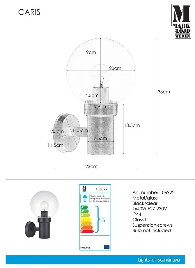 Čierne nástenné svietidlo Markslöjd Caris