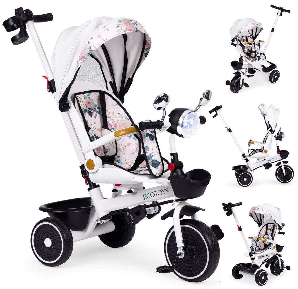Detská trojkolka s otočným sedadlom a strieškou biela ECOTOYS
