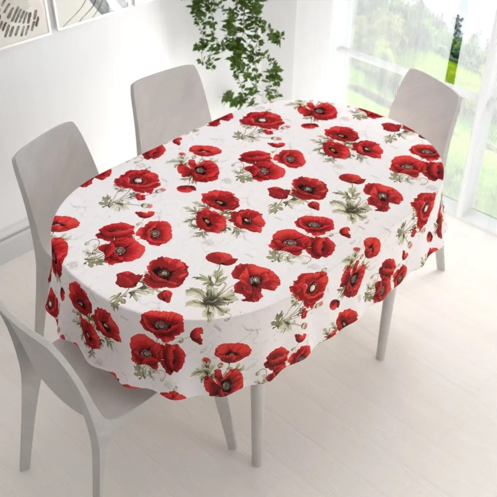 Biante Bavlnený oválny obrus Sandra SA-632 Vlčie maky na bielom 140x160 cm