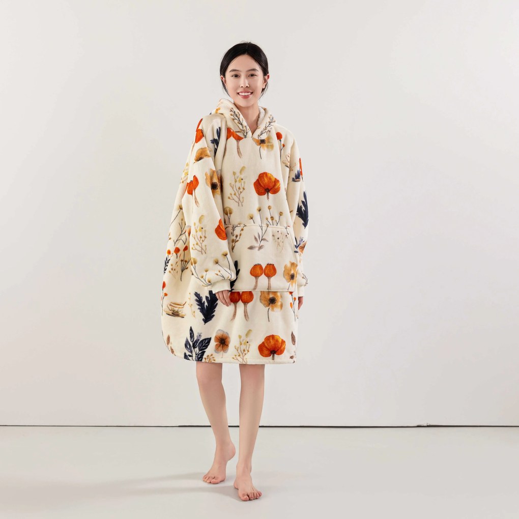 Baránková mikinová deka s rukávmi a kapucňou PAPAVA, krémová