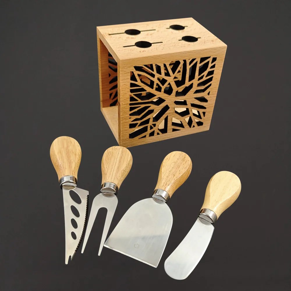 AMADEA Drevený syrový set s motívom vetvičky, masívne drevo, 15,5 cm