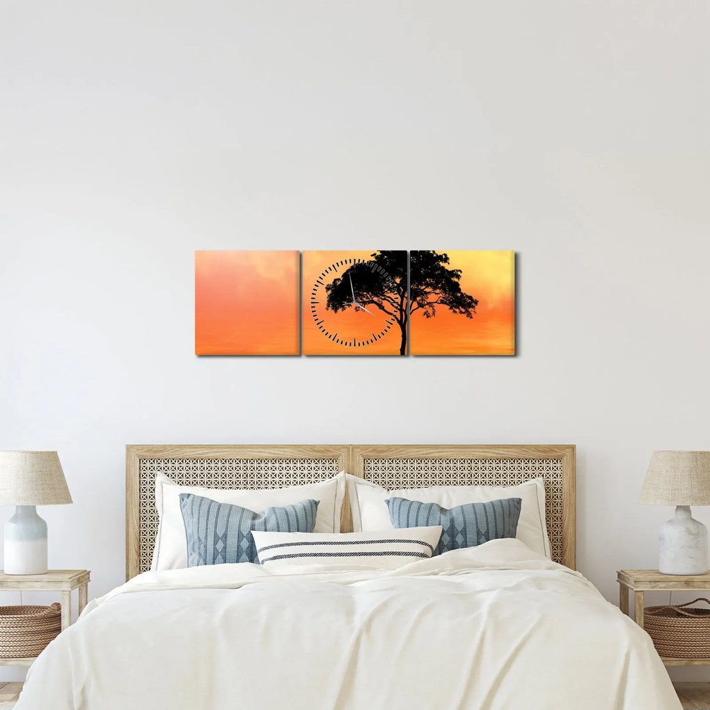Obraz stromu pri západe slnka (s hodinami) (90x30 cm)