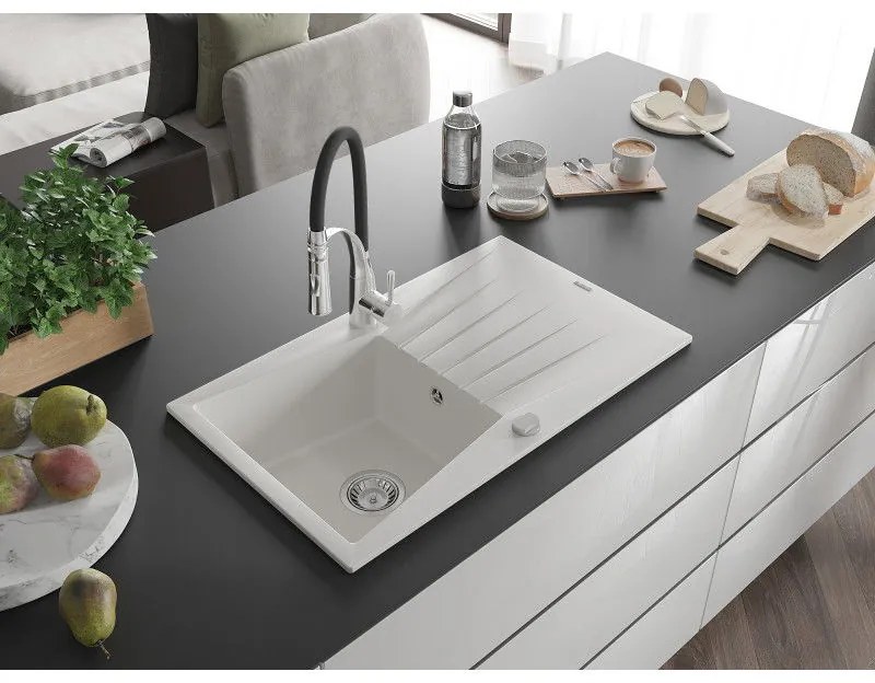 Mexen Cesar, 1-komorový granitový drez 775x470x190 mm a drezová batéria Aster, biela, 6514-20-73450-07