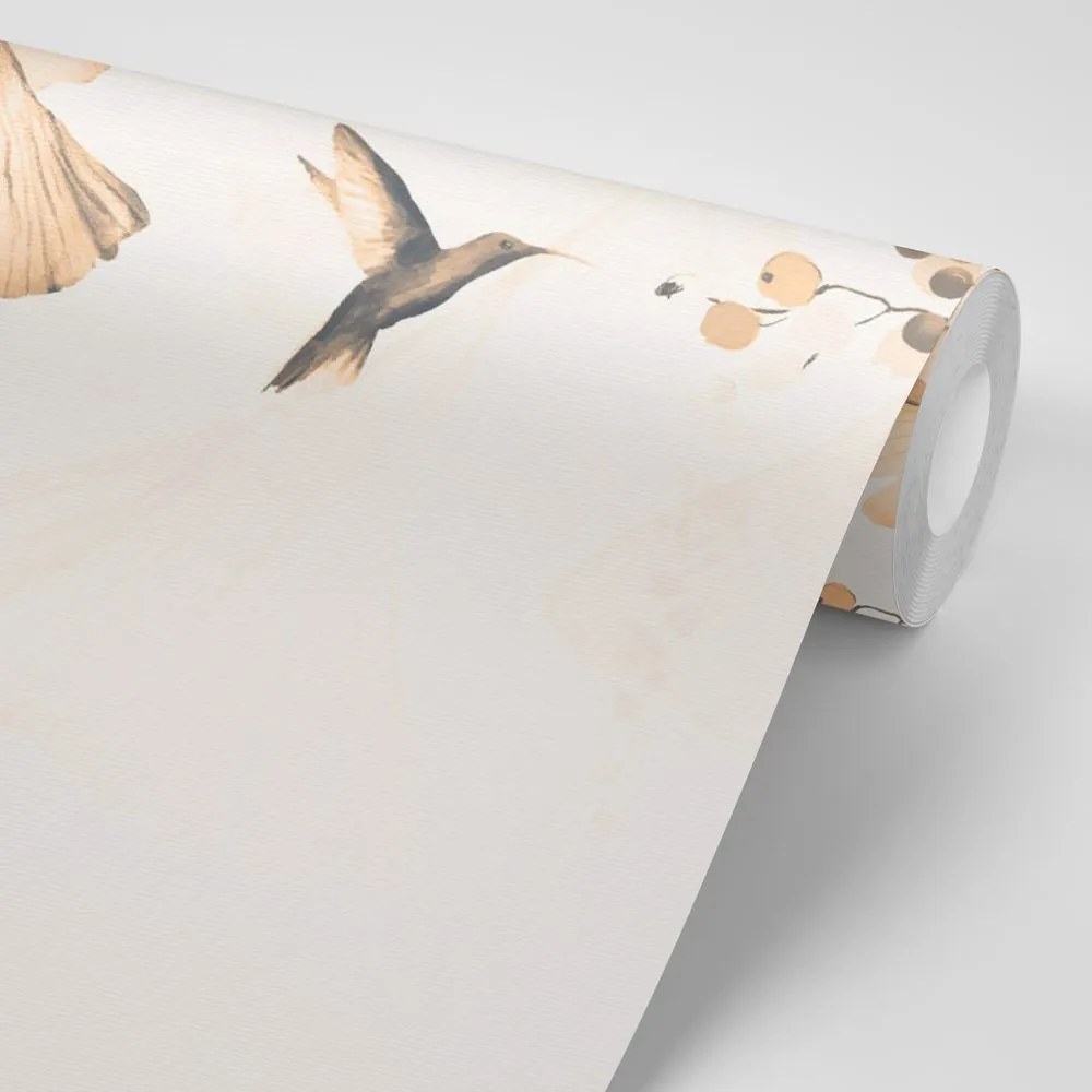 Samolepiaca tapeta listy s kolibríkmi v odtieni Peach Fuzz