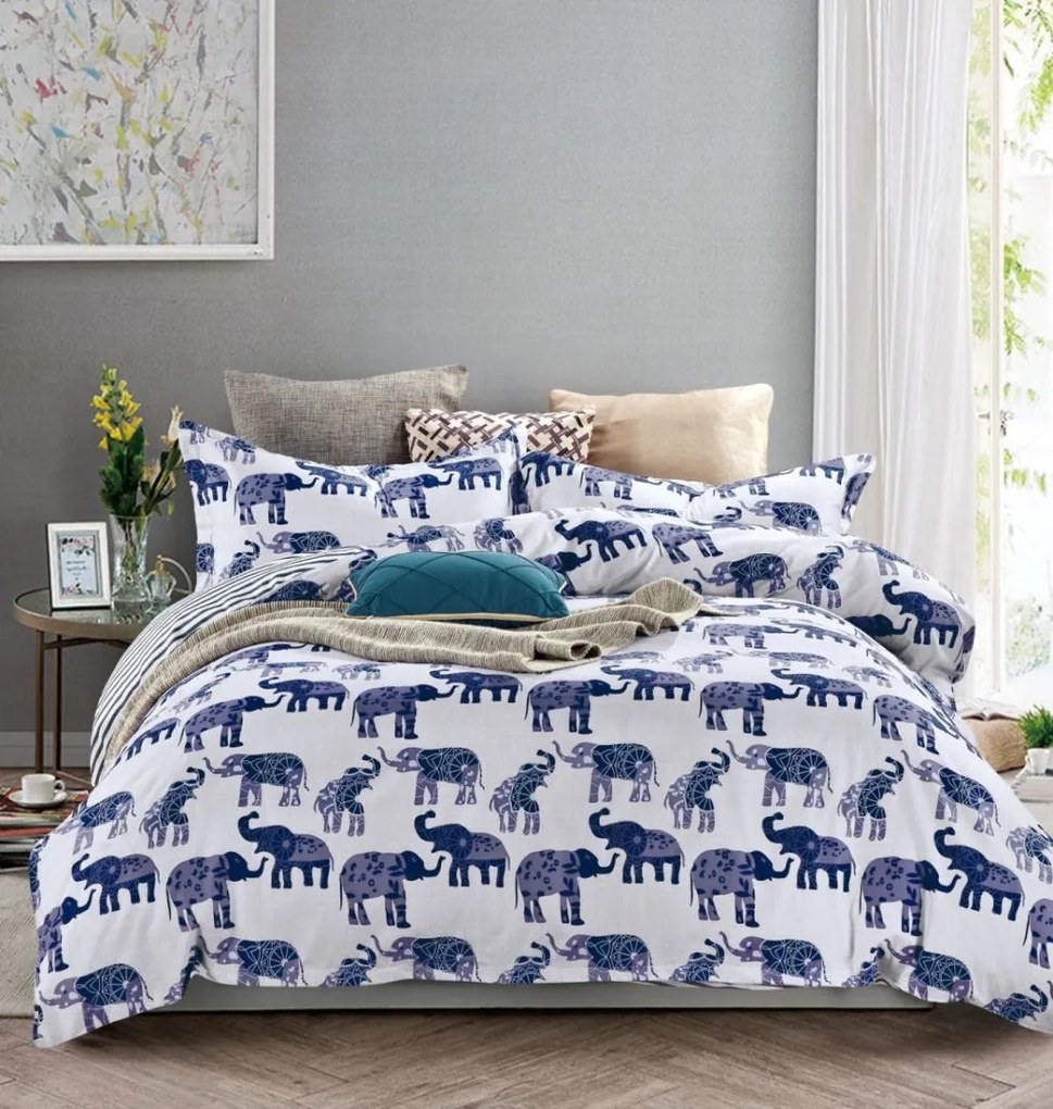 DomTextilu Bielo modré posteľné obliečky obojstranné s motívom slonov 4 časti: 1ks 200x220 + 2ks 70 cmx80 + plachta Biela 140x200 cm 14575-77507