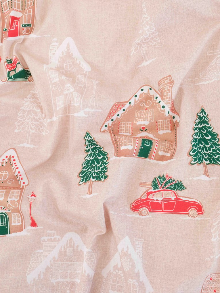 Vianočné bavlnené obliečky Renforcé - Perníková chalúpka krémové