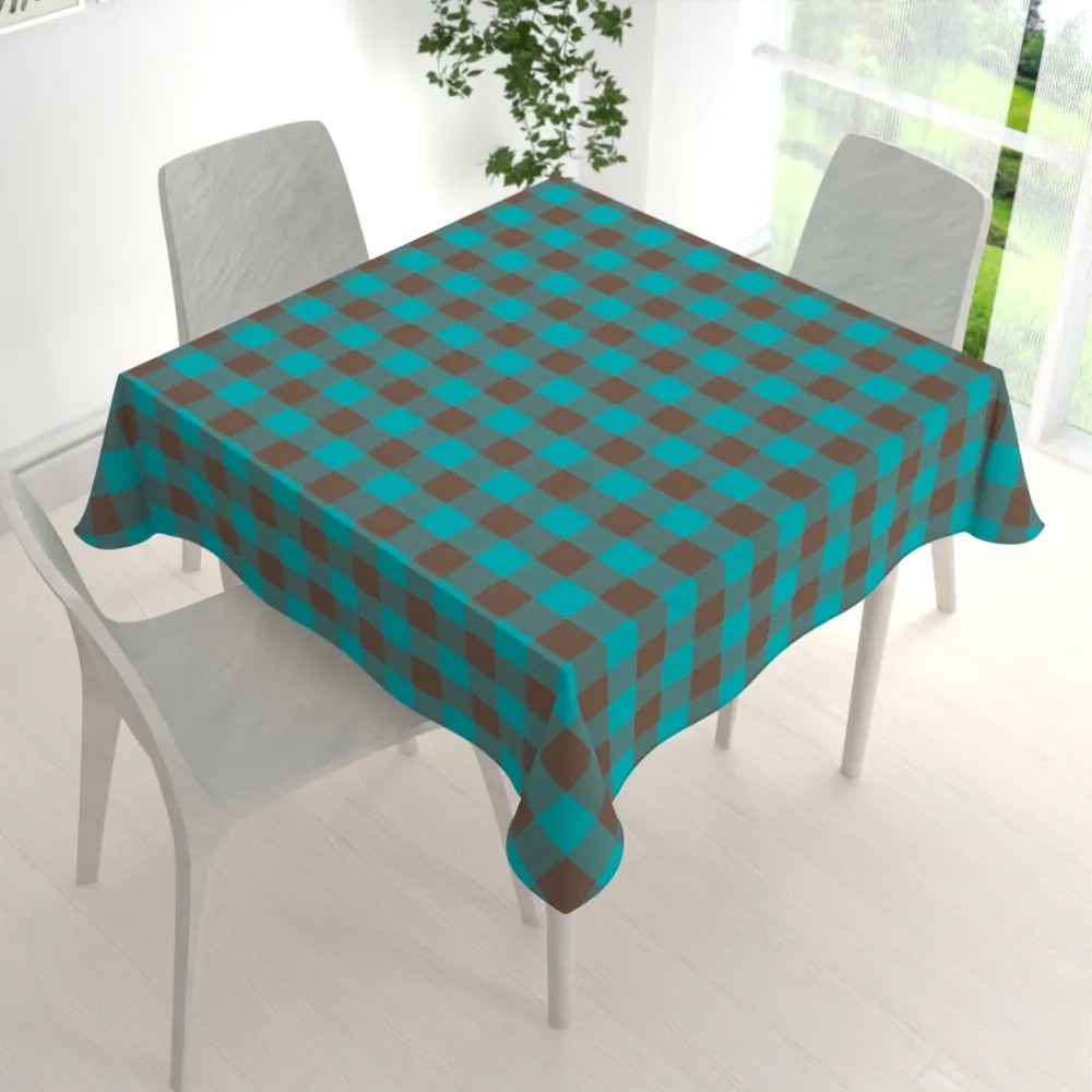 Biante Bavlnený štvorcový obrus Olivia OL-018 Tyrkysovo-hnedá kocka veľká 100x100 cm