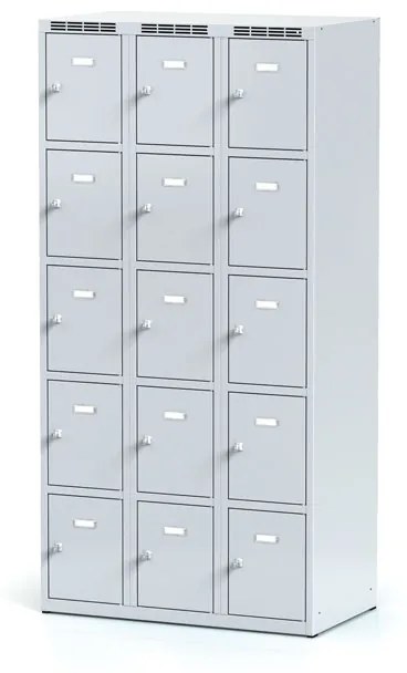Alfa 3 Šatníková skrinka s úložnými boxami, 15 boxov, 1800 x 900 x 500 mm, otočný zámok, sivé dvere