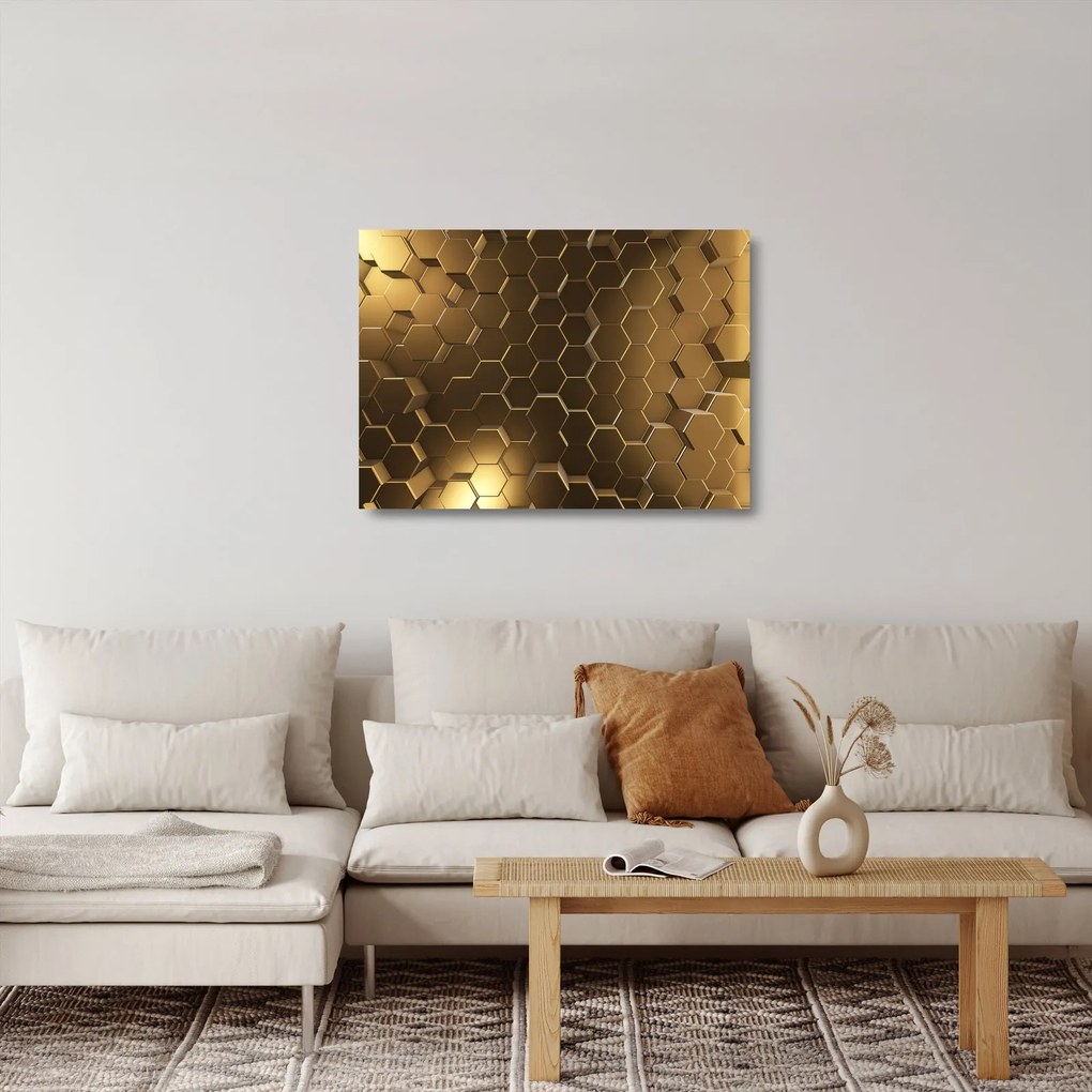 Sklenený obraz - Zlaté hexagóny (70x50 cm)