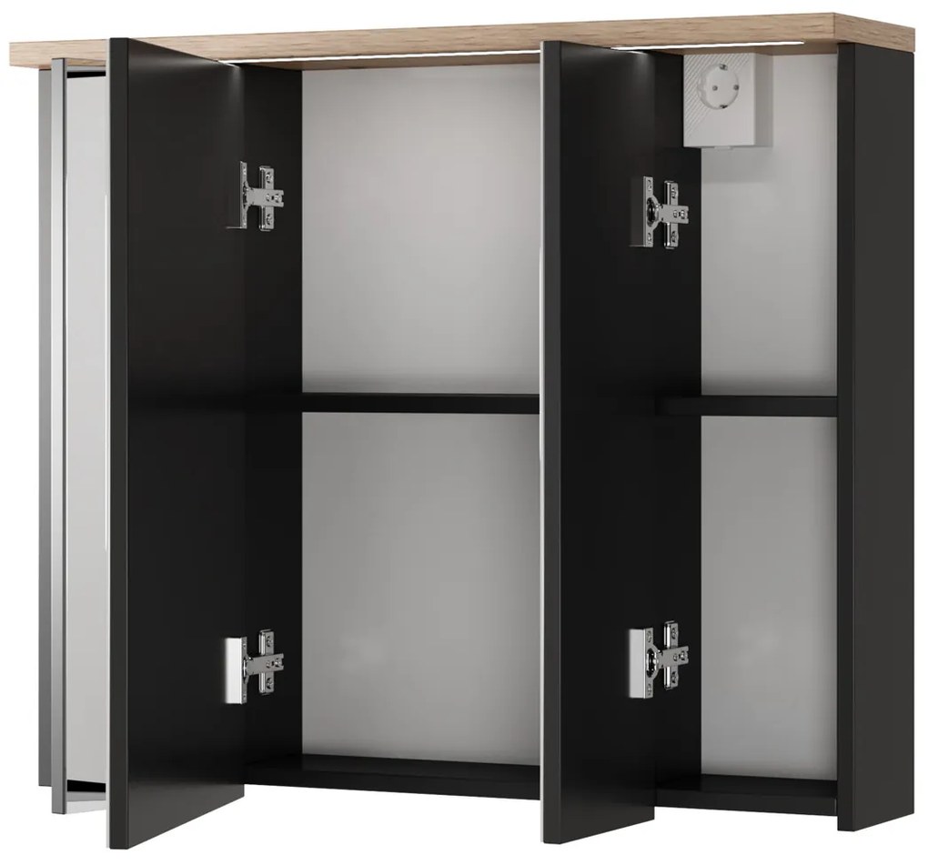 Závěsná koupelnová skříňka Swing II 58 80 cm se zrcadlem a LED osvětlením černá/dub Artisan