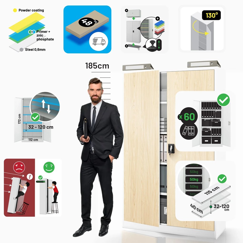 Kancelárska kovová skrinka na dokumenty JAN II, Eco Design: biela/dub sonoma