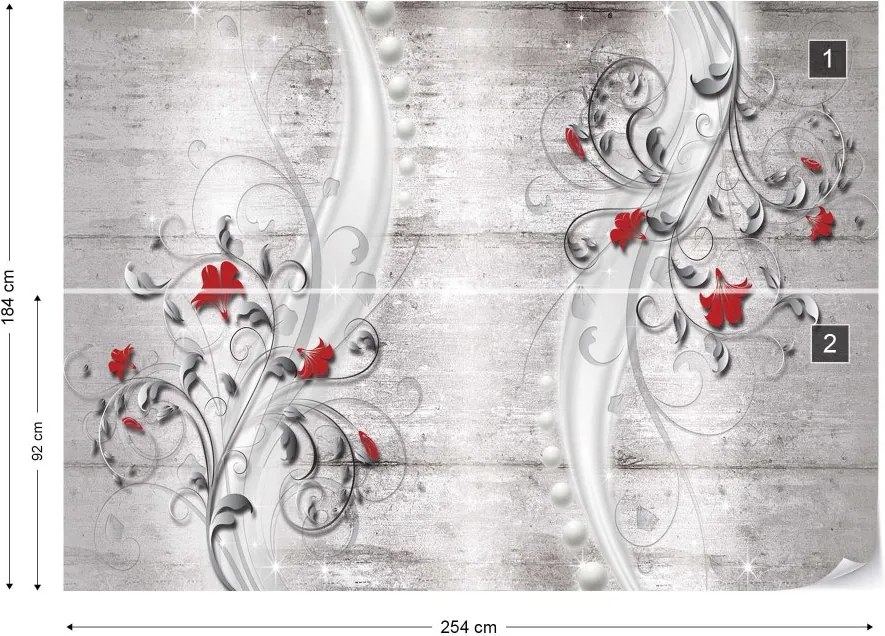 Fototapeta GLIX - šedá s ornamenty a květy + lepidlo ZADARMO Vliesová tapeta  - 254x184 cm