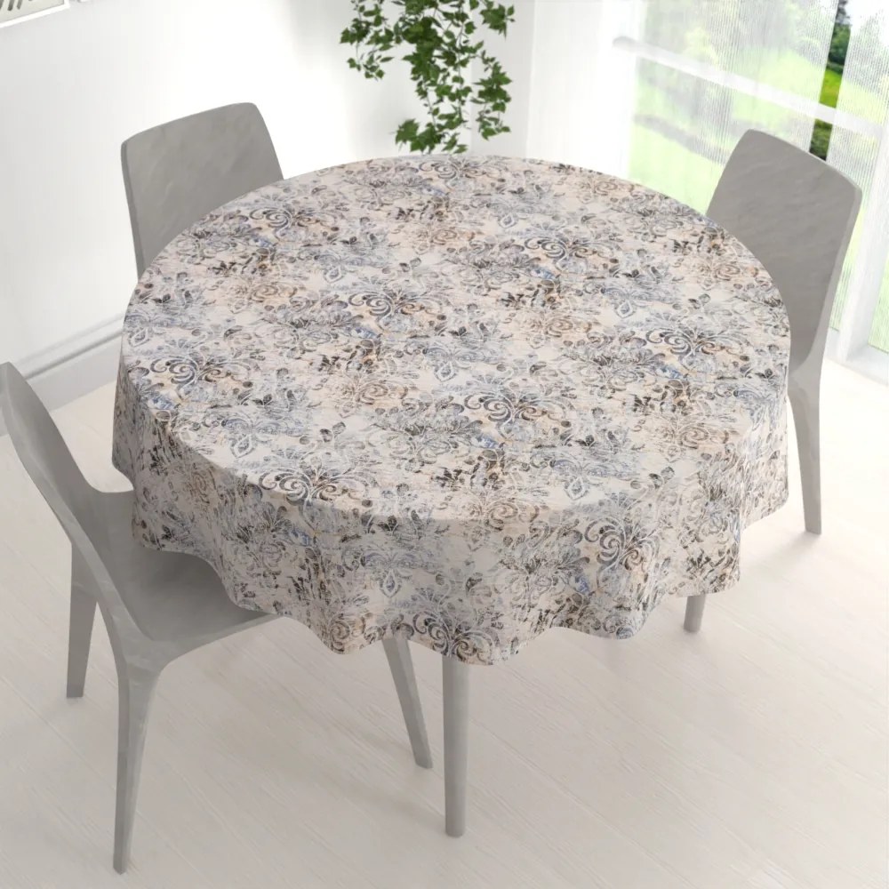 Biante Zamatový okrúhly obrus Tamara TMR-057 Modro-zelený zámocký vzor na krémovom Ø 120 cm