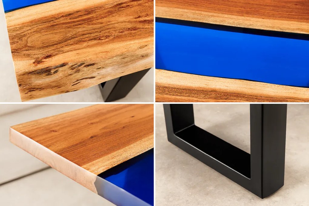 Konferenčný stolík LIQUID 110 cm akáciové drevo s modrým epoxidovým pásom