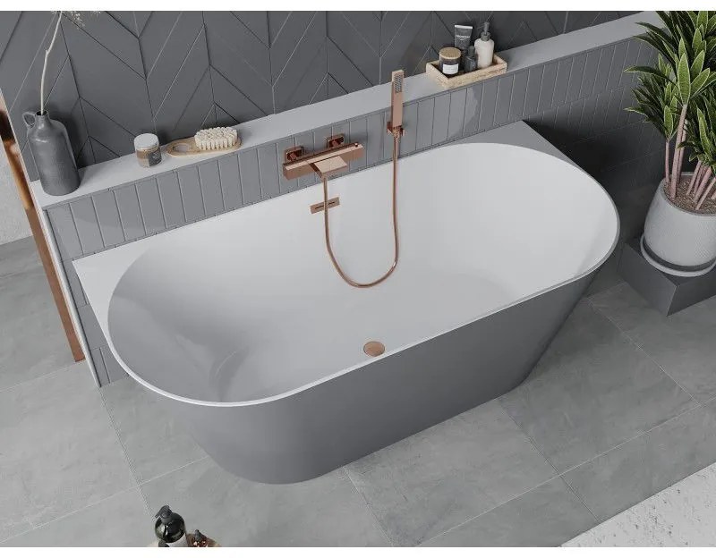 Mexen Oval Slim, voľne stojaca vaňa ku stene, 170 x 80 cm, biela-šedá, medený matný prepad, 52661708062-65