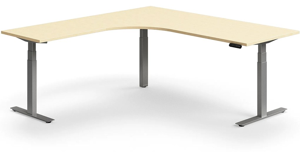Výškovo nastaviteľný stôl QBUS, rohový, 2000x2000 mm, strieborný rám, breza