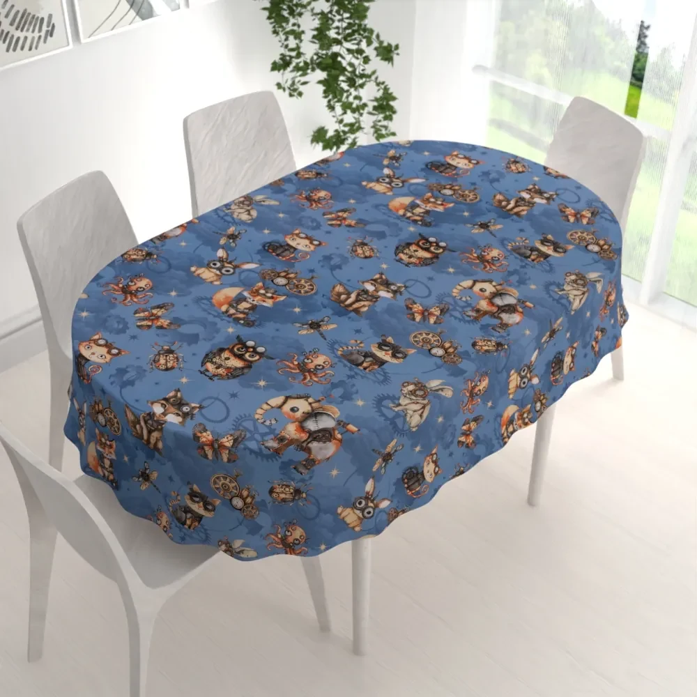 Biante Detský bavlnený oválny obrus Sandra SA-581 Zvieratká vynálezcovia na modrom 140x160 cm