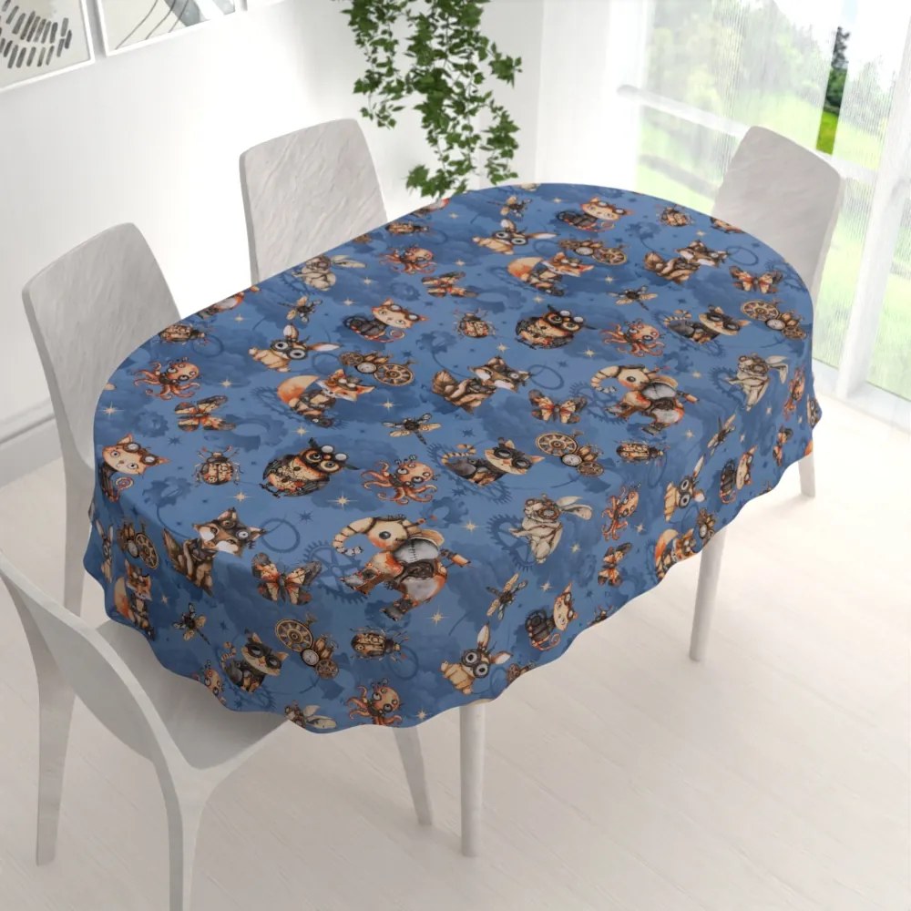 Biante Detský bavlnený oválny obrus Sandra SA-581 Zvieratká vynálezcovia na modrom 140x180 cm