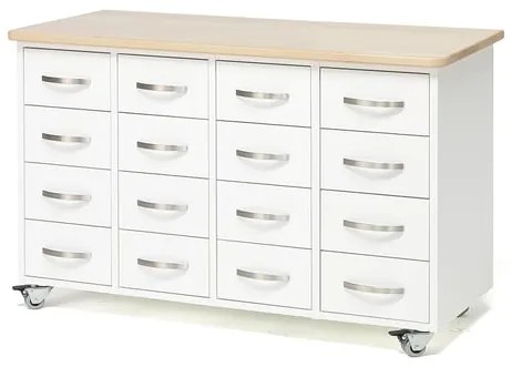 Zásuvková komoda s kolieskami, 16 zásuviek, s madlom, biela