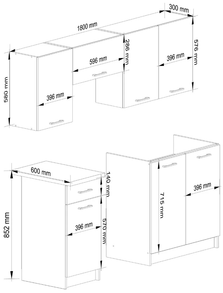 Kuchynská linka Olivie 1,8 m biela/betón/dub sonoma