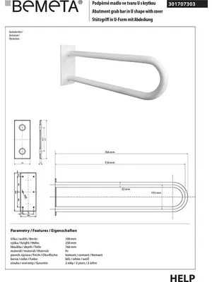 Podperné držadlo v tvare U 750 mm HELP biela