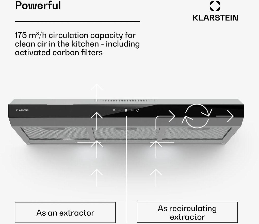 Klarstein Contempo Neo, digestor, podskrinkový, recirkulácia, 175 m³/h, SenseControl, integrované dotykové ovládanie, nehrdzavejúca oceľ / akrylové sklo