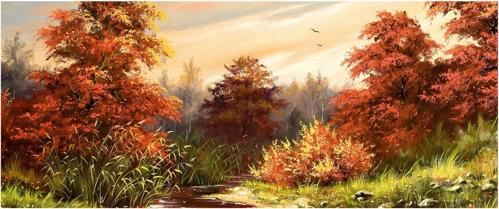 Obraz rieky v jesennej krajine, olejomaľba (120x50 cm)