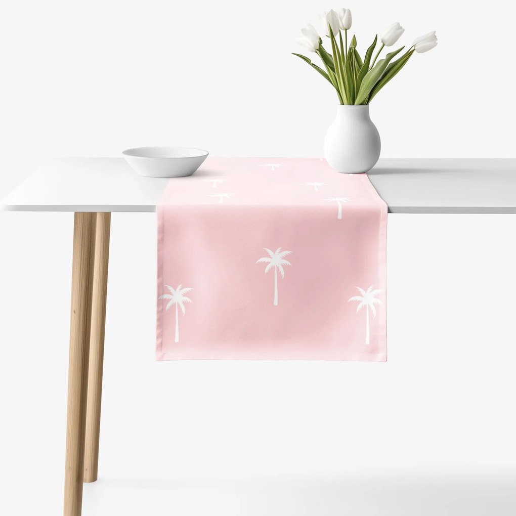 Goldea behúň na stôl 100% bavlnené plátno - palmy na pastelovo ružovej 35x160 cm