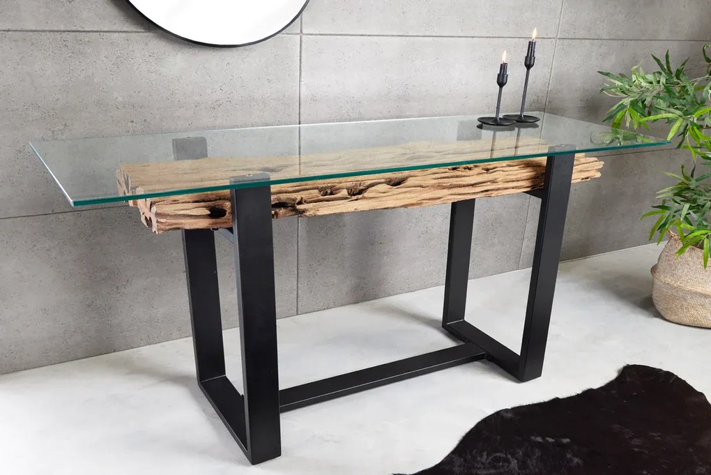 Konzola BARRACUDA 150 cm z recyklovaného teakového dreva s doskou z tvrdeného skla