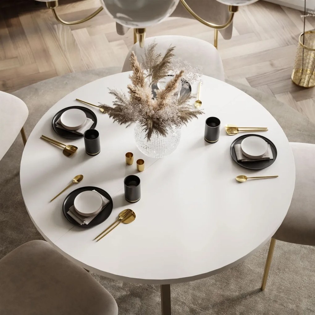 OKRÚHLY ROZKLADACÍ JEDÁLENSKÝ STÔL EWALD BIELY MATNÝ + KAŠMÍROVÉ NOHY 100/140 cm