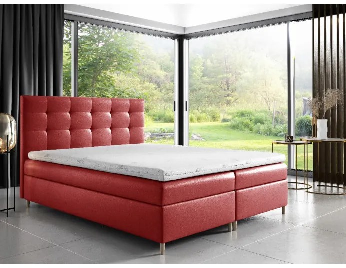 Čalúnená posteľ Alexa s úložným priestororm červená eko koža 200 x 200 + topper zdarma