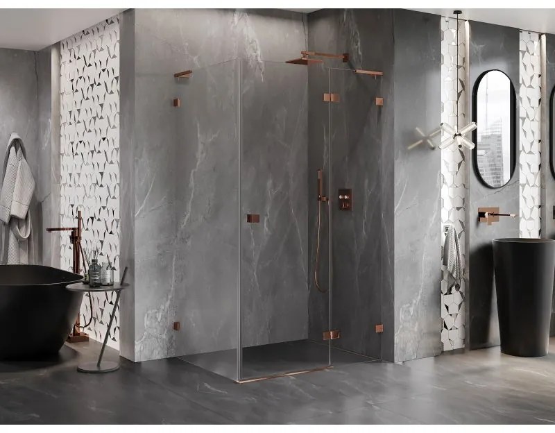 Mexen Lunar L, výklopný sprchový kút pravý 80 x 90 cm, 8mm číre sklo, ružové zlato profil, 834L-080-090-60-00-P