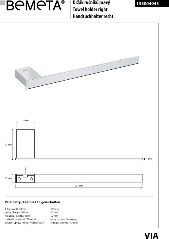 Bemeta Design VIA: Držiak uterákov, 297 mm - 135004043