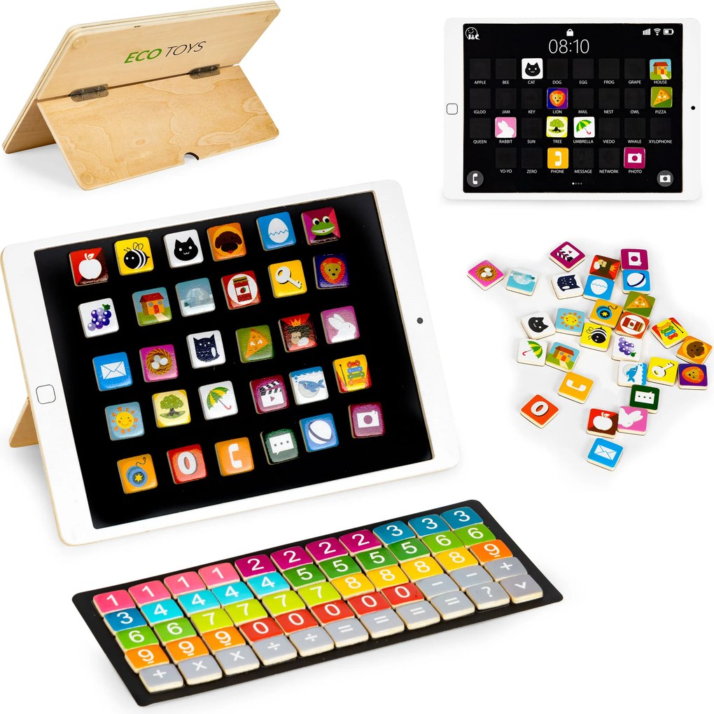 ECOTOYS Drevený magnetický tablet – kriedová edukatívna tabuľa pre deti s číslicami