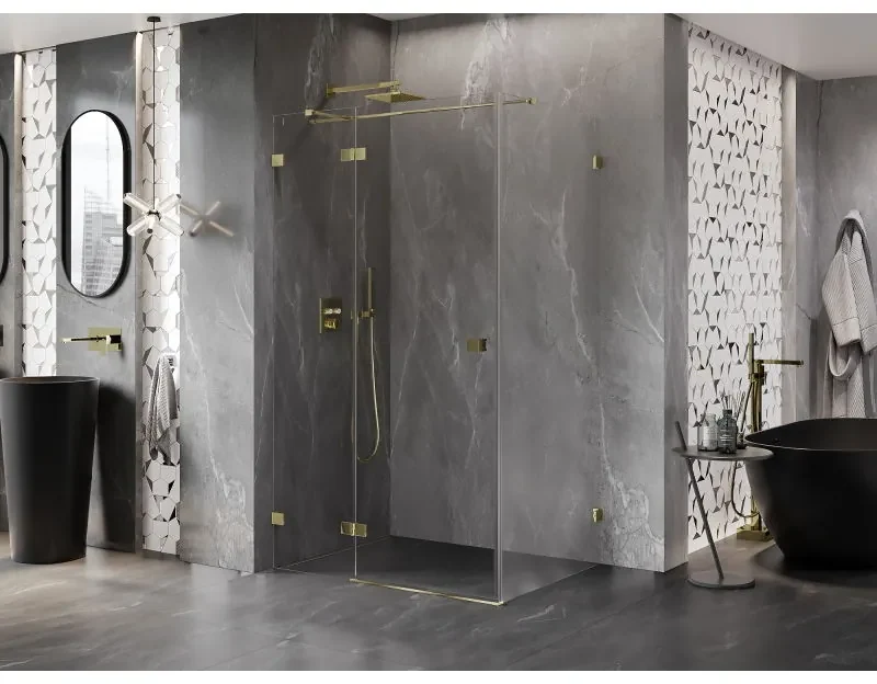 Mexen Lunar T, výklopný ľavý sprchový kút 140 x 100 cm, 8mm číre sklo, zlatý profil, 834T-140-100-50-00-L