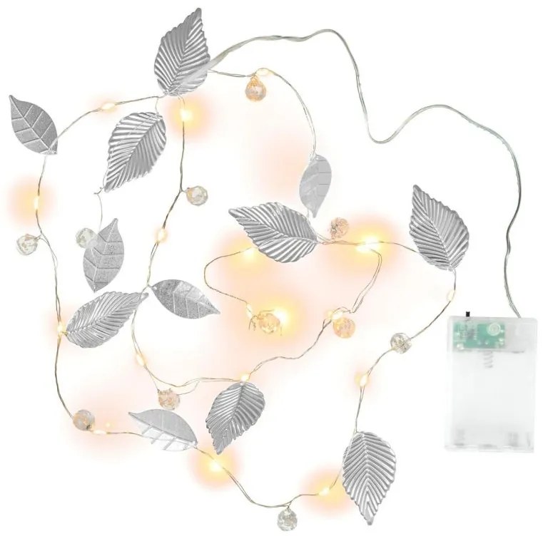 Osvetlenie perly a strieborné listy, 20 LED, tep. biela,2 ks