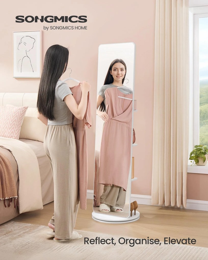 SONGMICS stojanové zrkadlo, otáčateľné o 360°, 163 x 45 cm, oblá biela