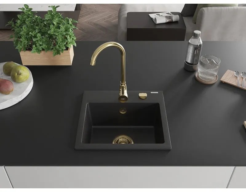 Mexen Milo, granitový drez 435x410x171 mm, 1-komorový, čierna so zlatým sifónom, 6505441000-77-G