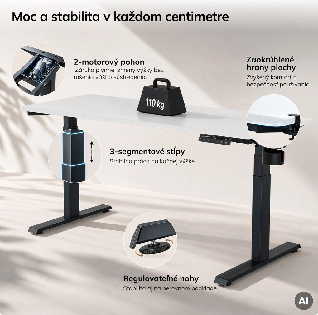 Elektrický stôl s nastavením výšky ergonomický antracitovo-bieli, 1600x800 mm: ARIA