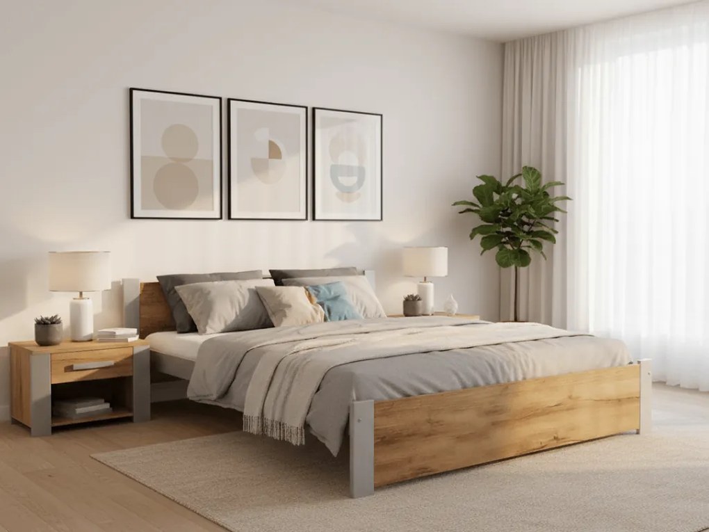 Posteľ IKAROS 140 x 200 cm, dub artisan/sivá Rošt: Bez roštu, Matrac: Matrac DELUXE 10 cm