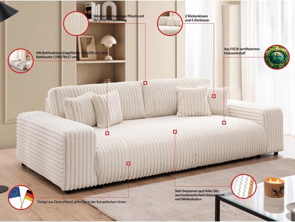 Krémová menčestrová rozkladacia/s úložným priestorom pohovka 260 cm Justin – Ropez