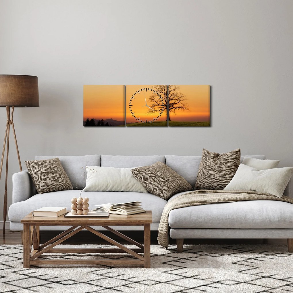 Obraz západu slnka na lúke (s hodinami) (90x30 cm)